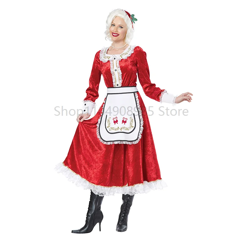 Holiday Mrs Claus Lace Velvet Pinafore Dress Adult Christmas Costume Women's Ms. Santa Claus Adult Costume