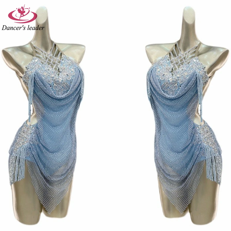 Latin Dance Dress High-end Custom Blue Crystal Art Test Clothing Flower Clothing Adult Stage Professional Clothing