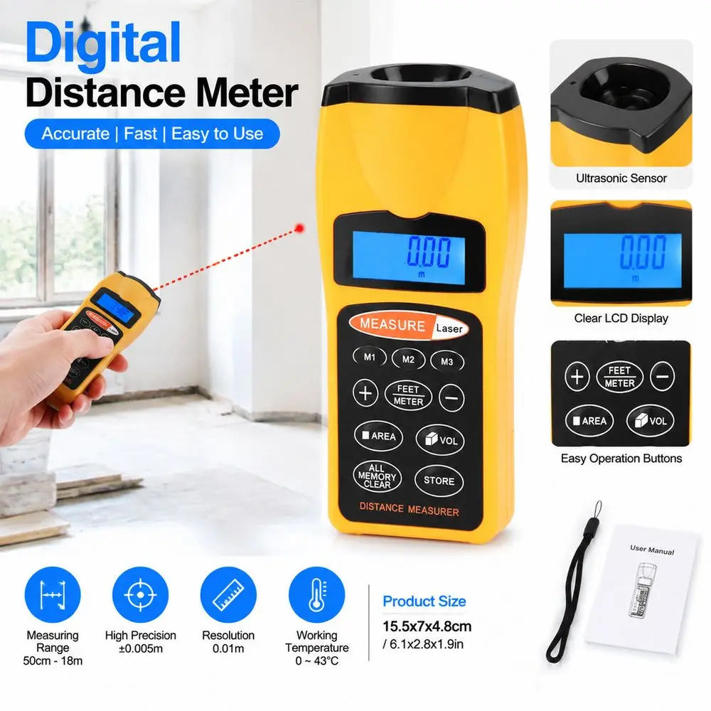 LCD Display Ultrasonic Distance Measurer Portable Area Volume Measurement Handheld Measuring Tool Ultrasonic