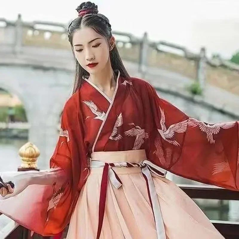 Modern Chinese Style Hanfu Ming Dynasty Improvement Traditional Dress Red Costume Woman Girl Gules Coat Skirt Set Dance Wear XL