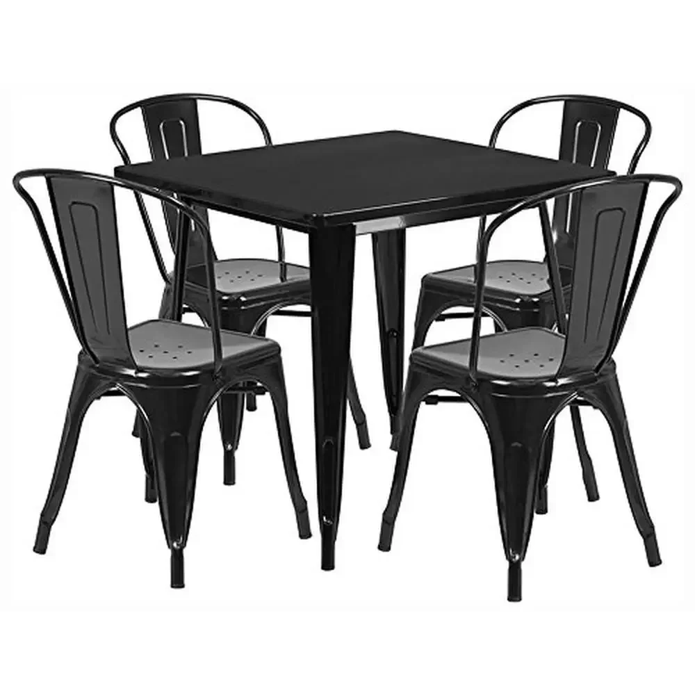 Commercial Metal Dining Table Set with 4 Stackable Chairs Indoor/Outdoor Bistro Furniture Square Table Black Glossy Finish and