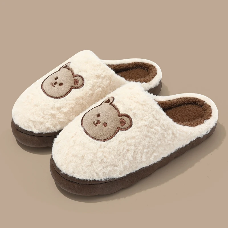 Fashion Women's Slippers Winter Warm Cartoon Bear Lovely Indoor Soft Sole Non-slip Dormitory Causal Home Plush Shoes Couple