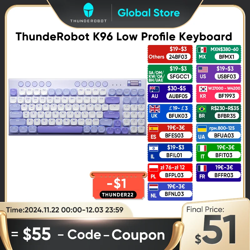 ThundeRobot K96 Low Profile Gaming Mechanical Keyboard PBT Keycaps 1900 mAh Battery Bluetooth Keyboard for IOS Android Windows