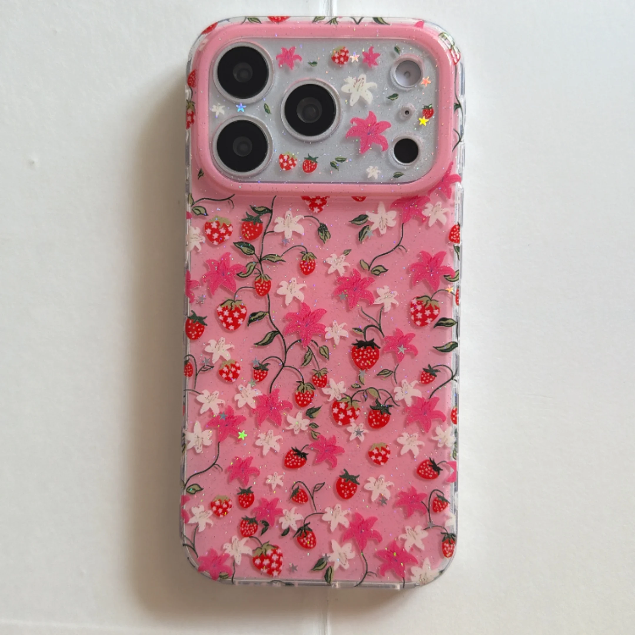 Niedliche Rosa Glitzer-Erdbeer- & Blumen-Schutzhülle für iPhone 17 16 15 14 11 12 13 Pro Max Plus Rückseiten-Abdeckung