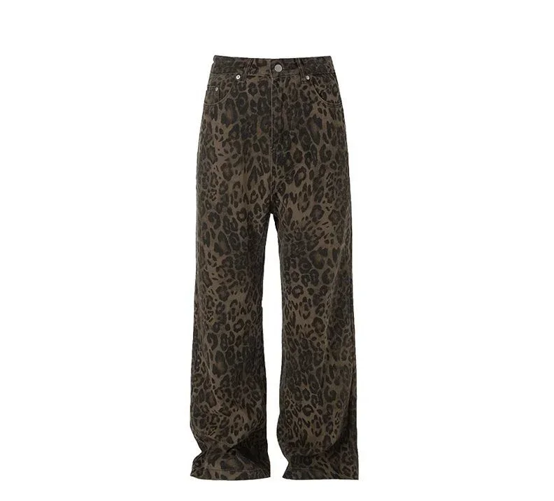 

Autumn Women's New Real Shot American Retro Leopard Print Denim Trousers