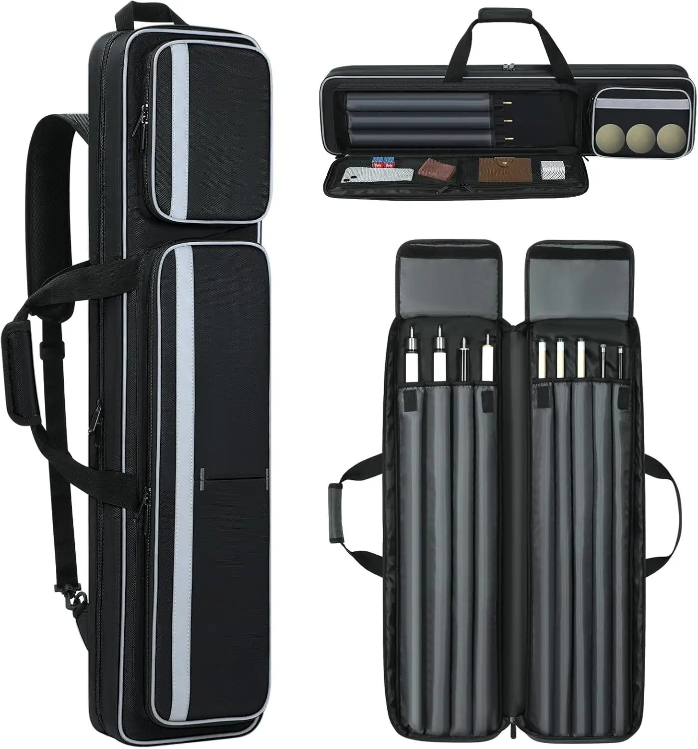 Multi-pocket for 4 Butts and 5 Shafts, Pool Stick Case Cue Bag with Backpack-straps for Pool Cues and Accessories