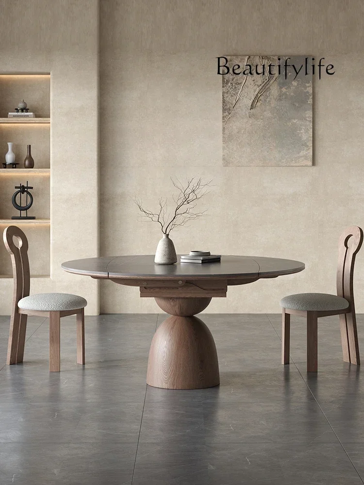 Retractable dual-purpose round solid wood rock slab dining table and chair combination simple multi-functional dining table