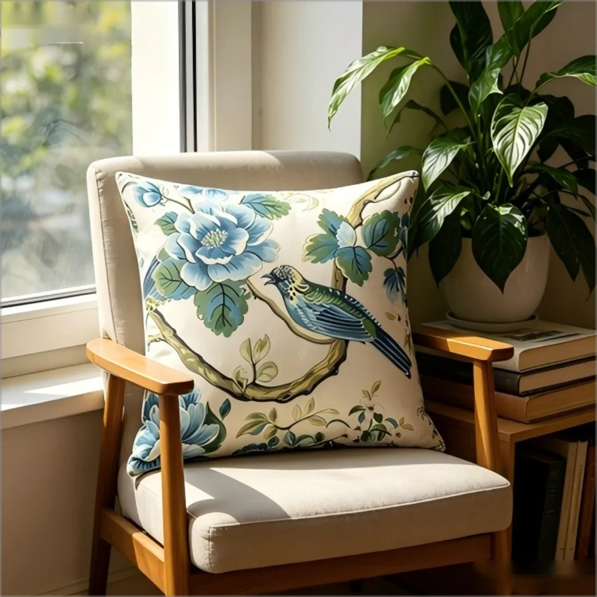 1Pc Vintage Floral Bird Cushion Cover Cream Blue Green Print Pillowcase For Living Room Sofa Chair Decorative Throw Case