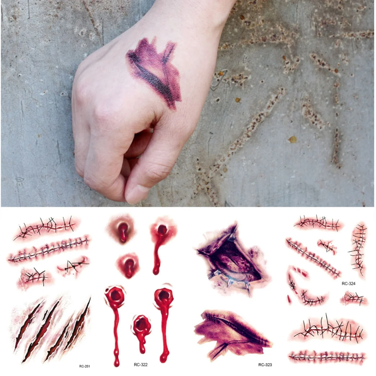 8 feuilles Halloween terreur plaie tatouage temporaire imperméable réaliste sang tatouages blessure cicatrice tatouage autocollants pour visage mains