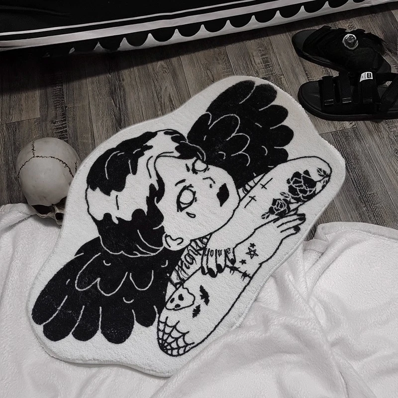 Gothic Punk Angel Plush Carpet for Living Room Halloween Decor Bedroom Soft Rugs Irregular Shape Cloakroom Non-Slip Floor Mat