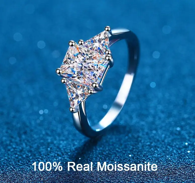 

Radiant Cut Moissanite 3 Stone Ring 3 Carat Certified Moissanite Diamond Wedding Band Solid Silver Luxury Women Engagement Ring