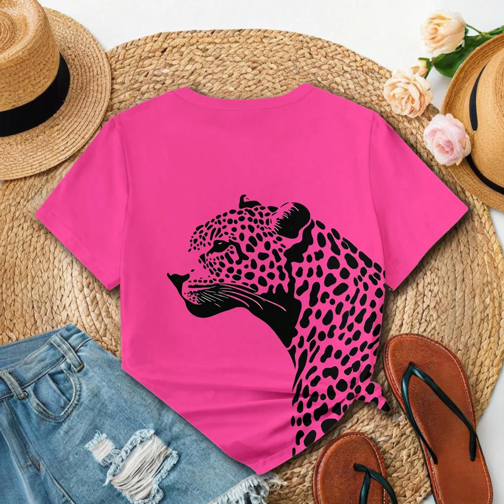 Women's Bright Pink T-Shirt with Black Leopard Print Casual Summer Style Short Sleeve Top For Daily Wear