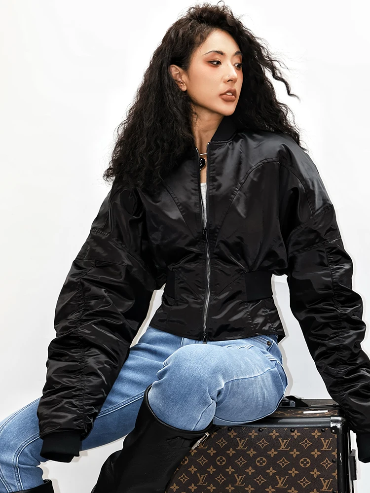 Warm Fleece Jacket Women's Street Style Thickened Long Sleeve Zipper Closure Stand Collar Waist-Cinching Cotton Jacket