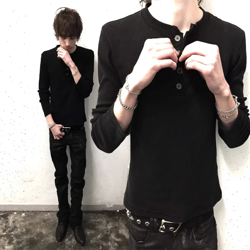 2026 Autumn New Arrivals Men Black Long Sleeve T Shirt Henley Neck Button Front Slim Fit Casual Streetwear Vintage Basic Shirt