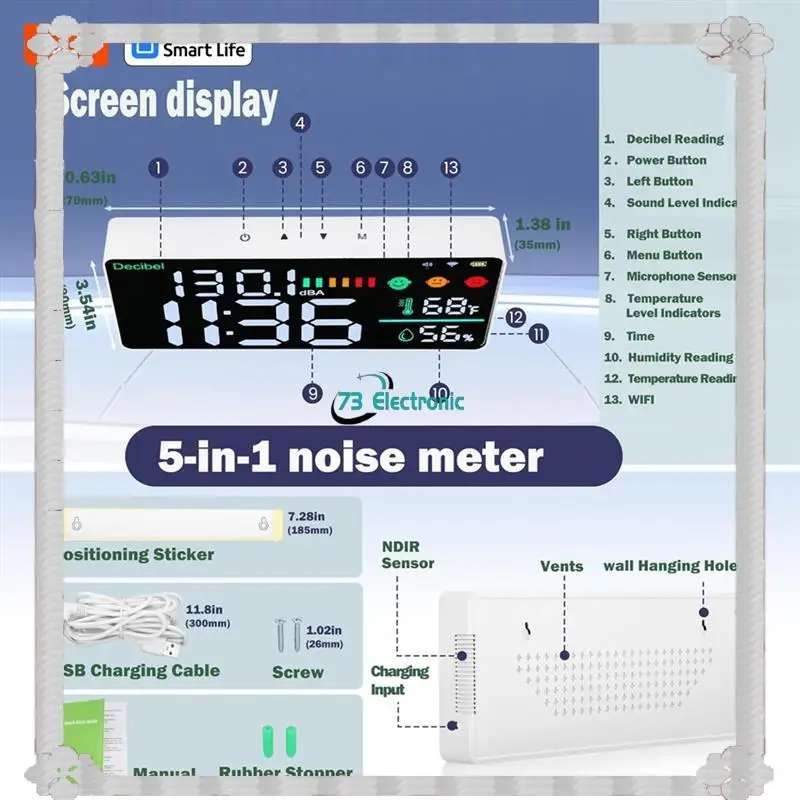 24-Hour Delivery Tuya Smart Wifi 5 In 1 CO2 Gas Detector Decibel Meter Noise Level Sensor Temperature Humidity Monitor For Home