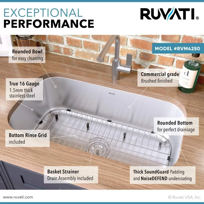 Ruvati Undermount 30 inci 16 Gauge Stainless Steel wastafel dapur mangkuk tunggal RVM4250