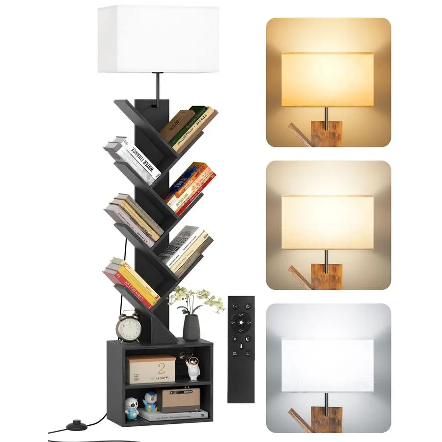

Tier Tree Bookshelf with Light, Remote, Timer amp Cabinet, Dimmable Modern Tall Floor Standing Corner Book Shelf, Small Narrow