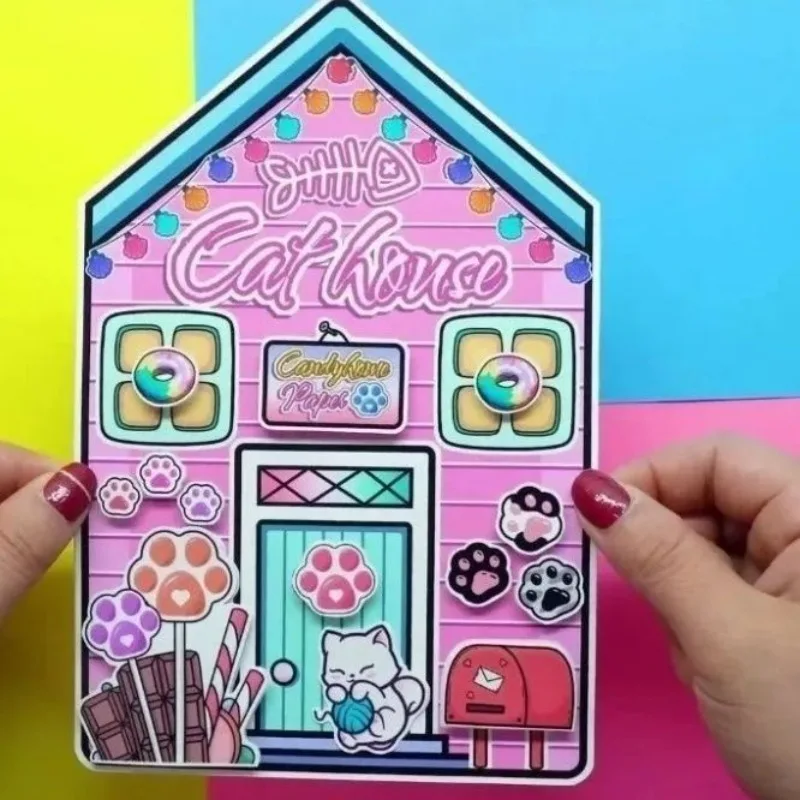 Paper Doll House Girl and Cat\'s Cabin Quiet Book Dress up Game DIY Material Pack Children\'s Stickers