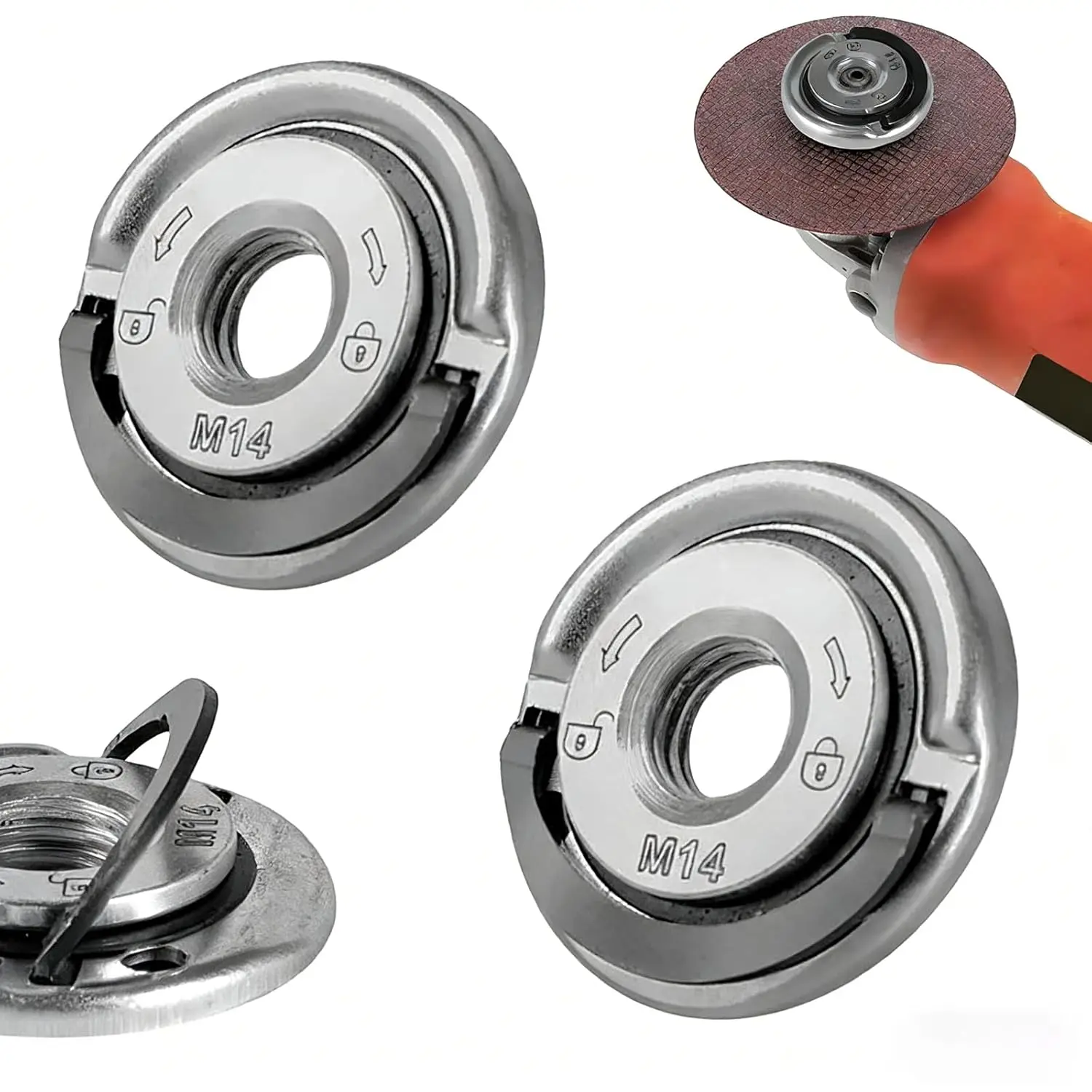 

Self-Tightening Quick Lock M14 Flange & Arbor Nut Kit 2pcs – Tool-Free Angle Grinder Nut for Disc Replacement