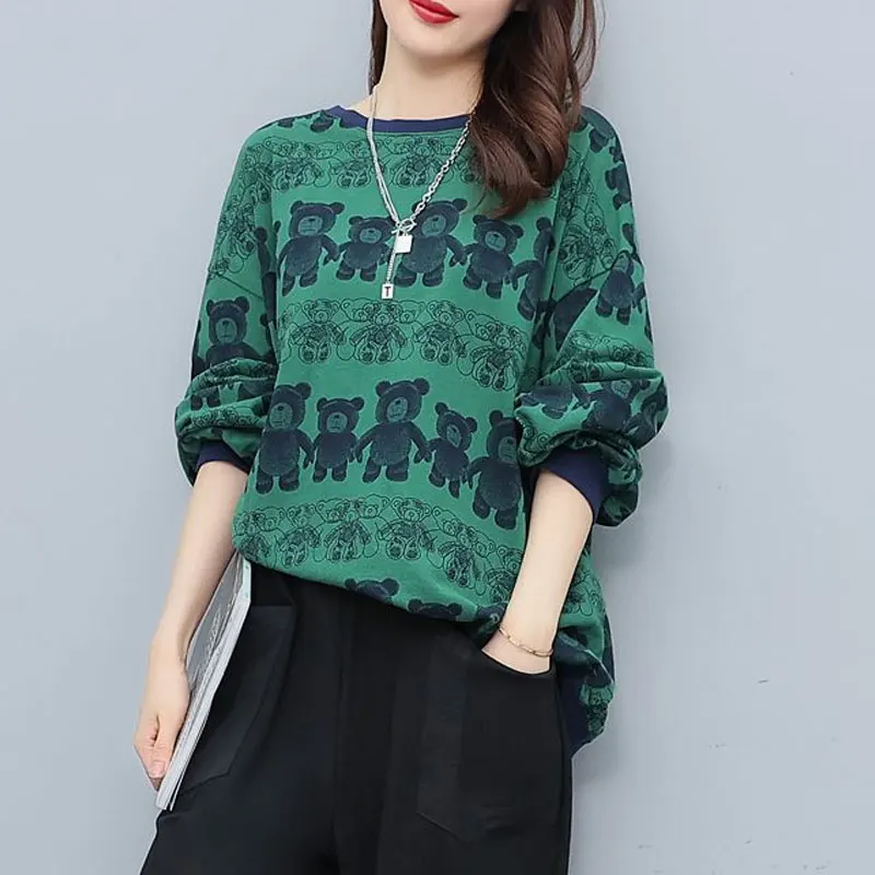 Stylish Korean Bear Printed Sweatshirts Spring Autumn Long Sleeve Commute Women's Clothing Casual Spliced O-Neck Loose Pullovers