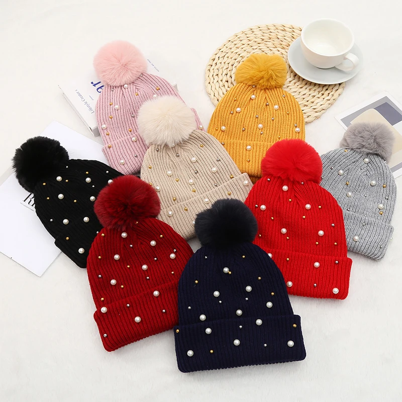 

Korean Style Winter Female Fur Pom Poms Pearl Knitted Beanies Hat For Women Hat Knitted Beanies Cap Female Thick Skullies Cap