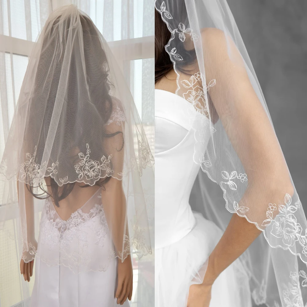 White Ivory 2 Layers Wedding Veils Cover Face Lace Appliqued Veil With Comb for Bride Cathedral Wedding Accessories Customized