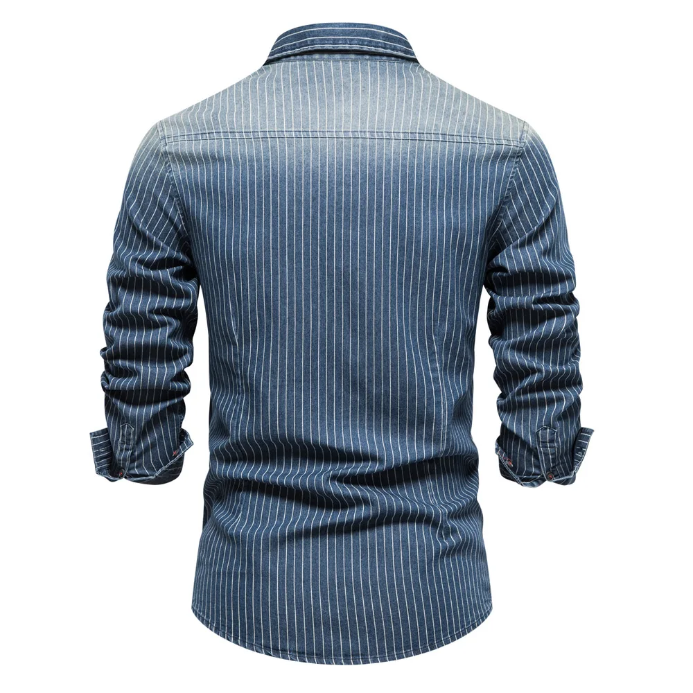 Denim Shirts Men Cotton Striped Stretch Long Sleeve Black Cargo Jean Shirt Quality Blouses Casual Slim Cowboy Shirts For Men