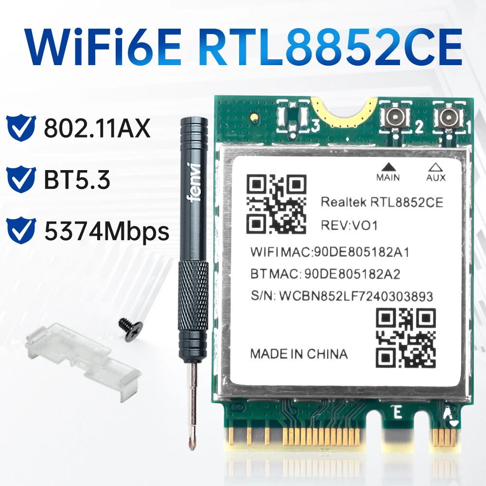 

WiFi 6E RTL8852CE M.2 NGFF Сетевая карта Wi-Fi Bluetooth 5.3 802.11AX 5374 Мбит/с Беспроводной адаптер Wi-Fi 2,4G/5G/6GHz для Win 10/11