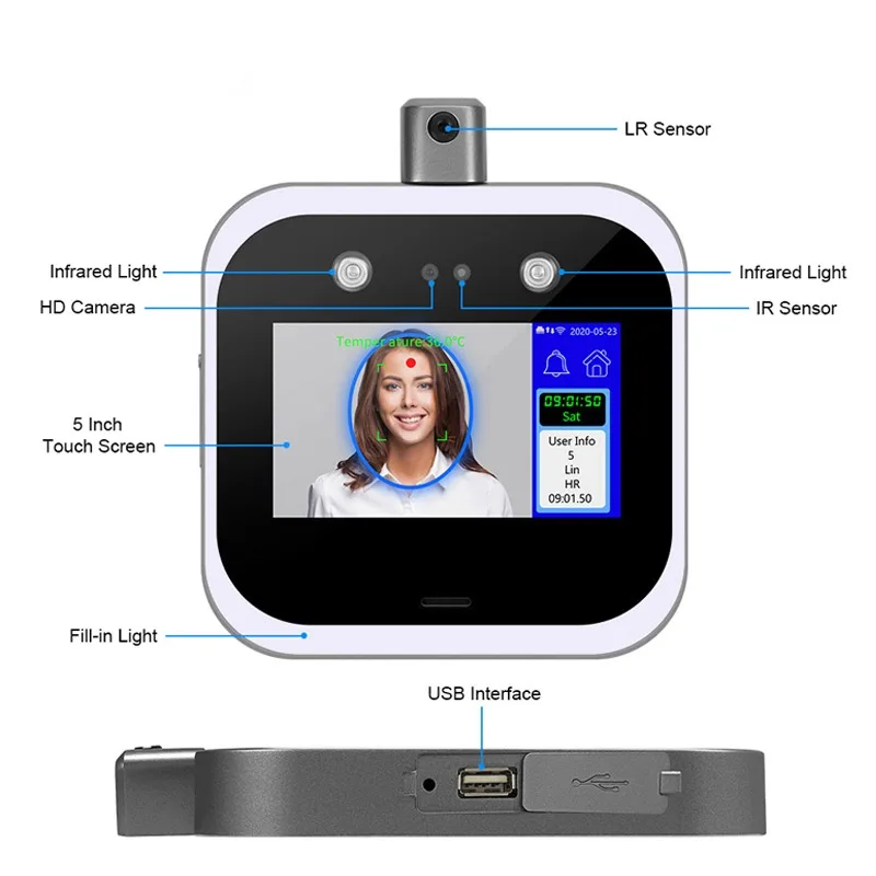 Biometrische toegangscontrole met gezichtsherkenning Contactloze lichaamstemperatuursensor voor ingang en uitgang Gezichtstijdregistratieterminal
