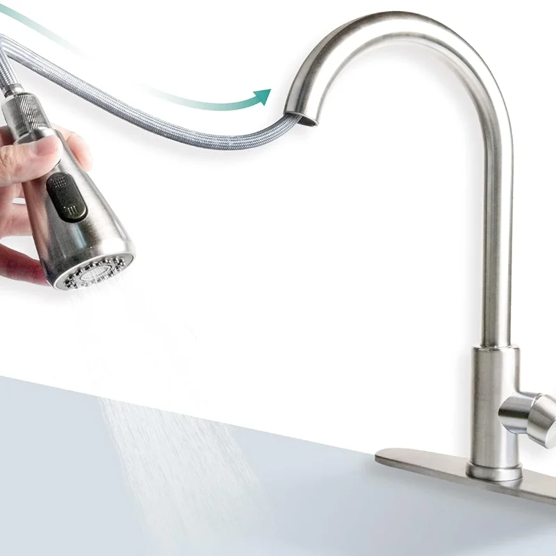 

Kitchen Faucets Brushed Nickel Pull Out Kitchen Sink Water Tap Deck Mounted Mixer Stream Sprayer Head Hot Cold Taps