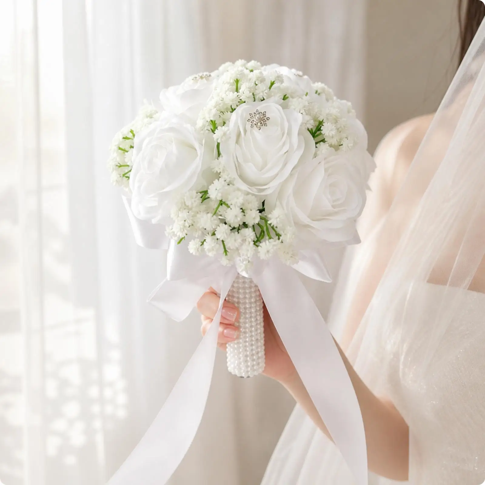 Silk-Like Rose Bridal Bouquet Lightweight Bridal Arm Bouquet with Pearl Handle Realistic for Brides, Keepsake Display