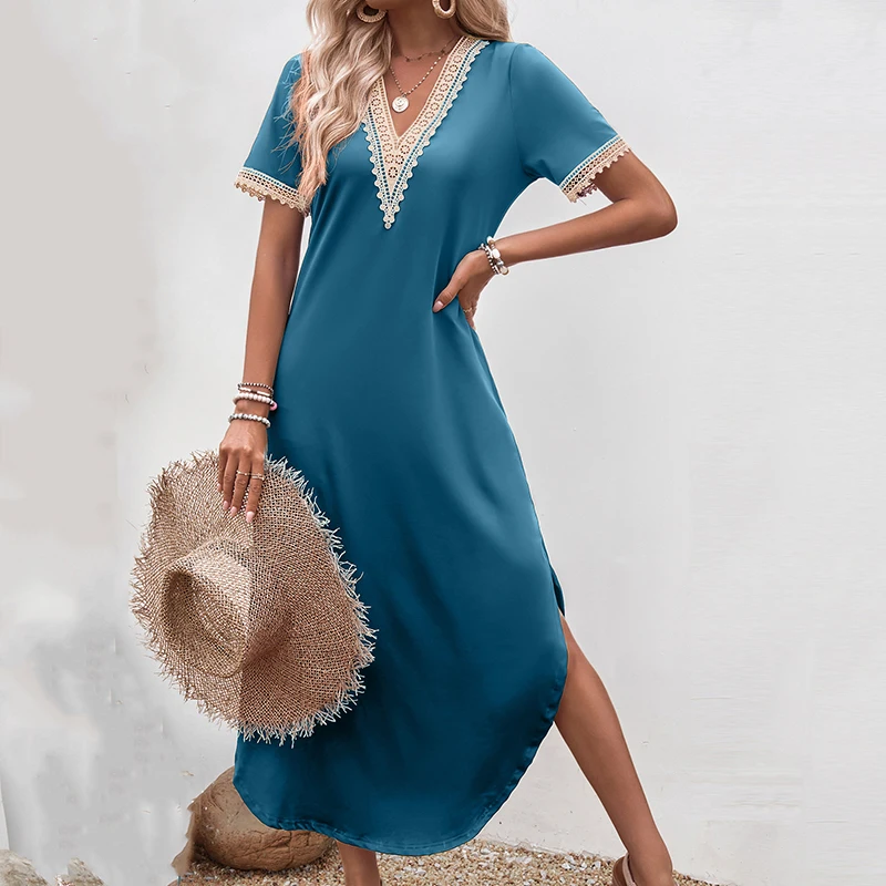 Abito estivo da donna con orlo irregolare tinta unita casual elegante scollo a V in pizzo con giunture a contrasto abiti slim multicolori a maglie
