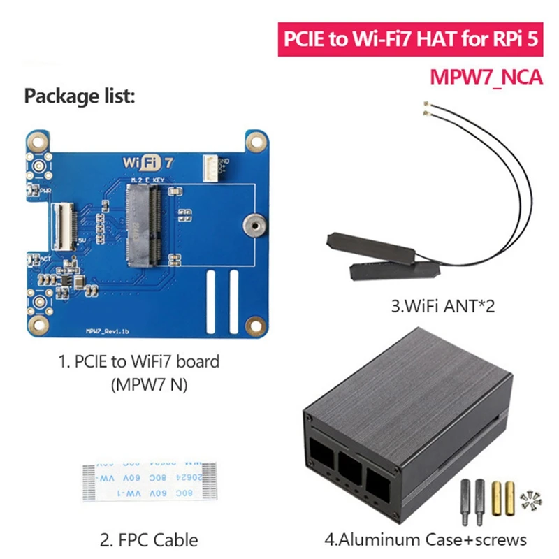 

MPW7NCA For Raspberry Pi 5 PCIE To M.2 E-Key Wifi7 Module+Case BE200 Blue PCB Support Google TPU,Wif6e AX210,AX200 Adapter Board