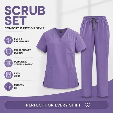 Unisex Healthcare Workers V-Neck Short Sleeve Scrub Set Stretch Soft Fabric Multi-Pocket Design For Hospital Daily Shifts
