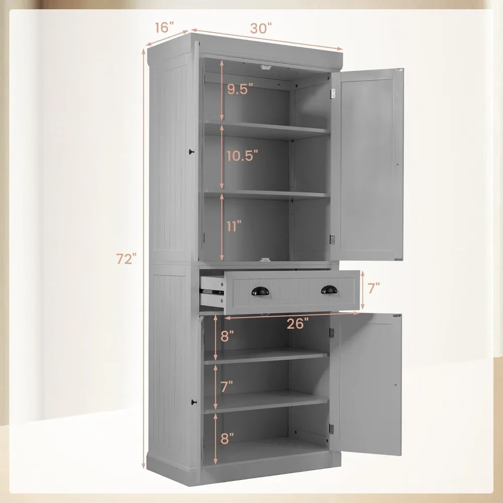 Mobiletto da cucina alto 72", armadio portaoggetti in legno con 4 ripiani regolabili, 2 armadietti e cassetti, portaoggetti indipendente