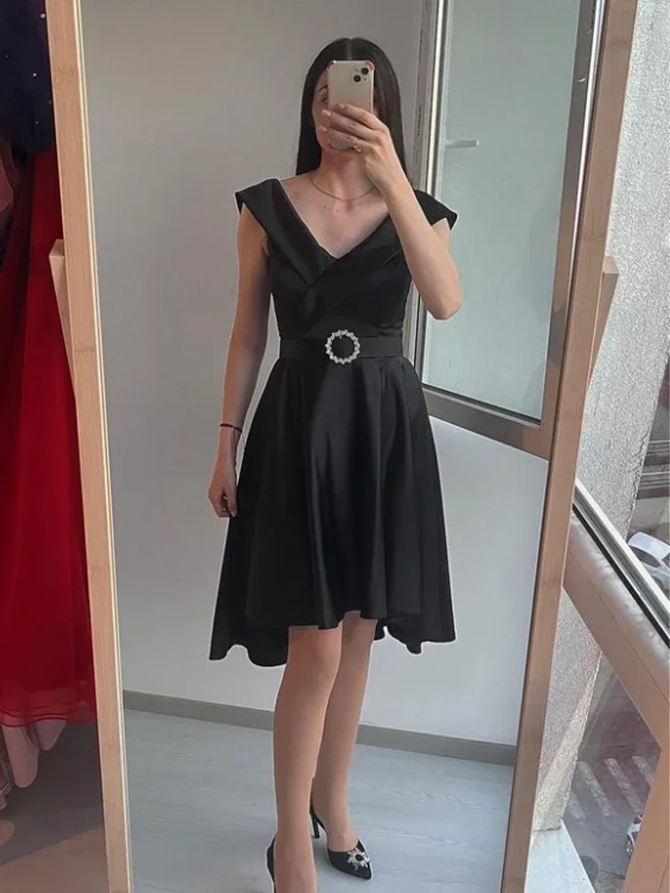 Customized Classic Retro Formal Jersey Sash Pleat A-line V-neck Mini Dress Temperament Dresses Fashion High Quality Party Gowns