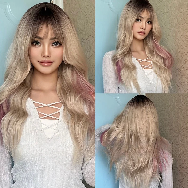 

New product gradual change color air bangs long curly hair trend highlights pink wig