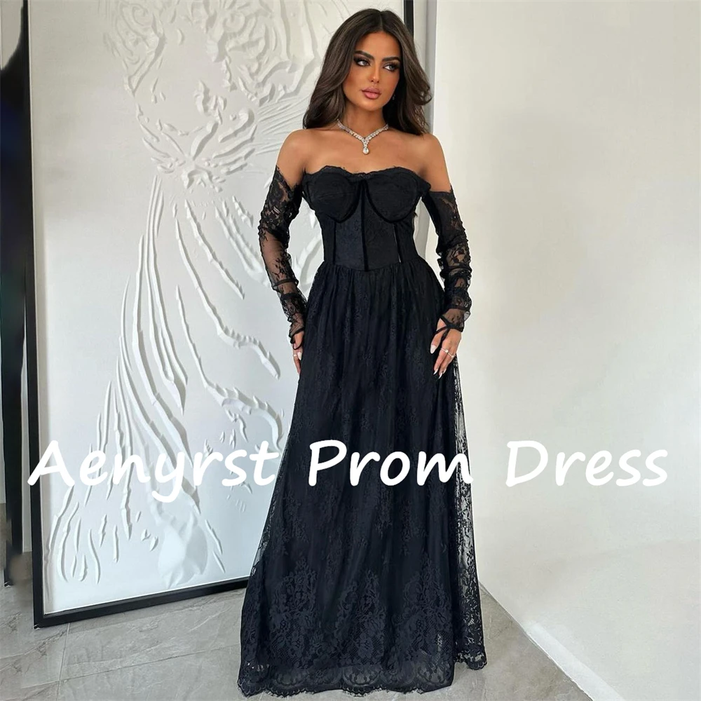 Aenyrst Black Sweetheart Lace Saudi Evening Dresses  A Line Long Sleeves Prom Gowns Floor Length Dinner Party Dress customized