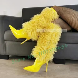 Yellow Curly Fur Knee-high Boots Women Fashion Warm Furry Winter Pointy High Heels Shoes Sexy Cross-tied Glossy Patent Boots