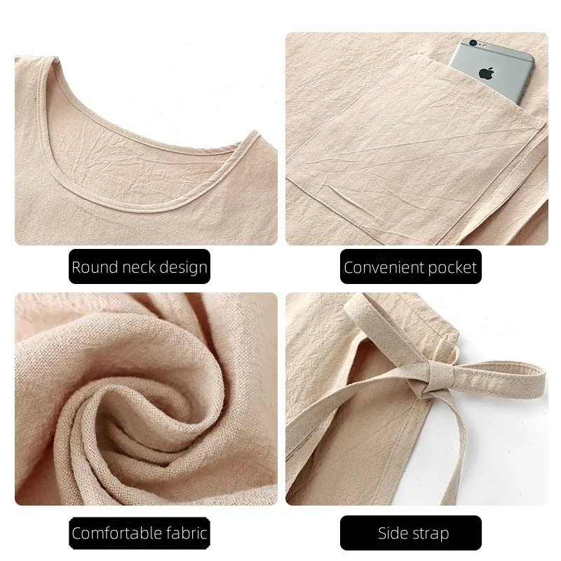 Round Neck Cotton Apron with Side Straps Home Cleaning and Stain Resistant Cover Two Pockets Suitable for Flower Shops