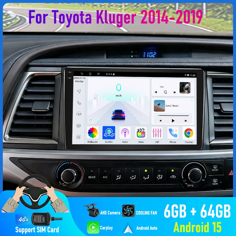 

9'' For Toyota Kluger 2014-2019 Car Radio 4G SIM Google Map Carplay Android 15 Auto GPS FM Reversing Image Stereo Bluetooth