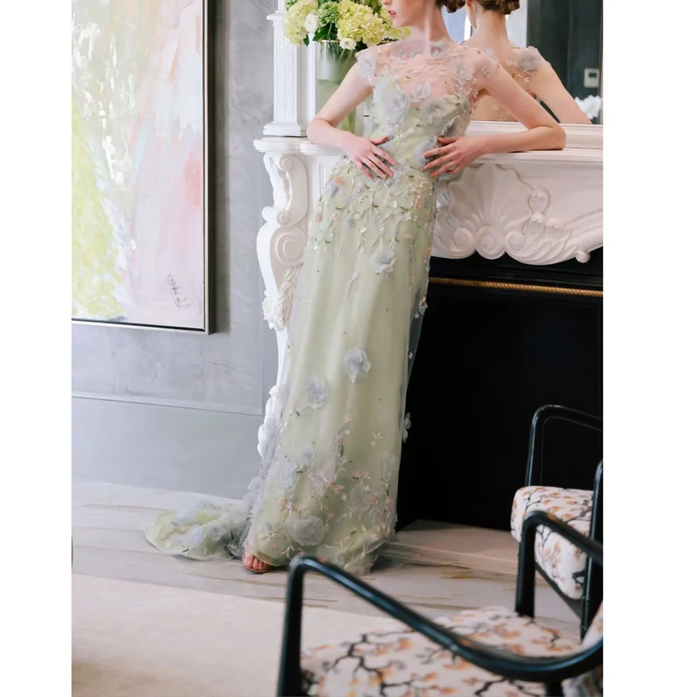 Elegant Green Women Prom Dresses Short Sleeves Floor Length Mermaid Flowers O-neck Smart Female Evening Party Banquet Gowns