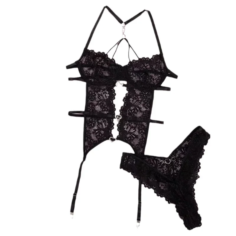 Seksowny gorset Top stringi pas do pończoch dla kobiet koronkowe wycięcie kwiatowy haft bielizna porno garnitur perspektywa zmysłowa bielizna nocna