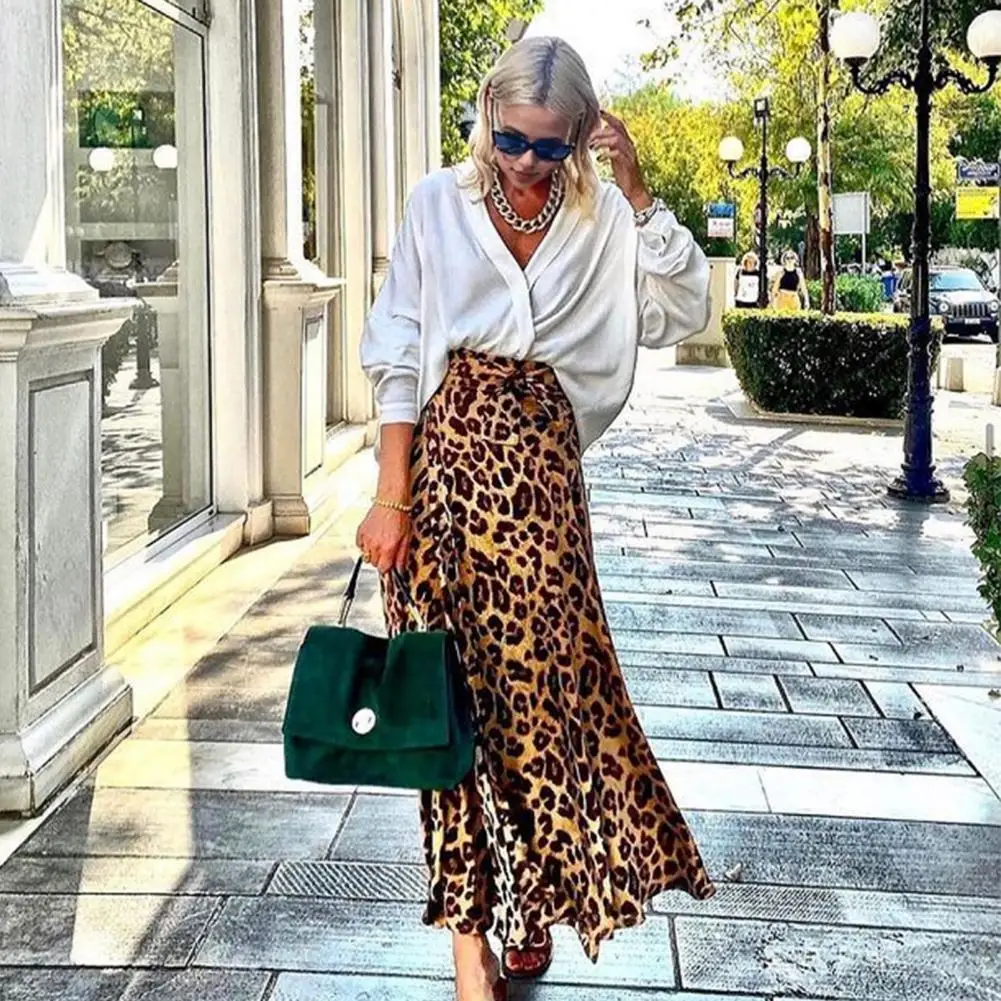 

Women Satin Leopard Print Skirt High-Waist Long Skirt with Belt Design Flowy Hem Commuting Elegant Women's Skirts