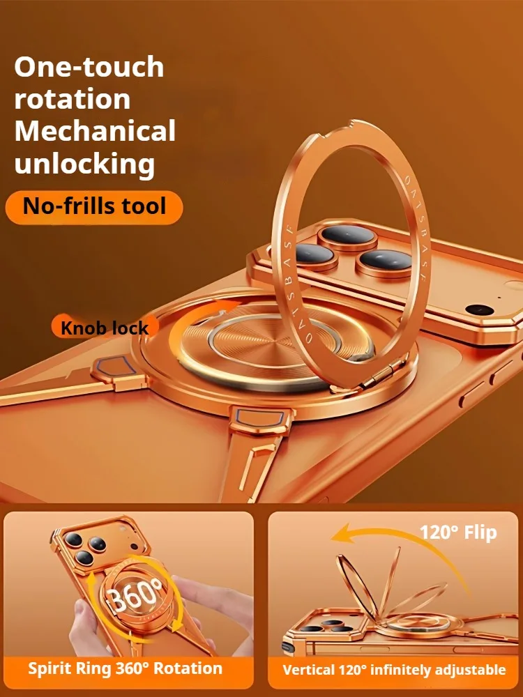 

Oatsbasf Metal Frameless Phone Case for iPhone 17 16 15 14 13 Pro Max with 360°Rotatable Ring Stand Shockproof Protection Cover