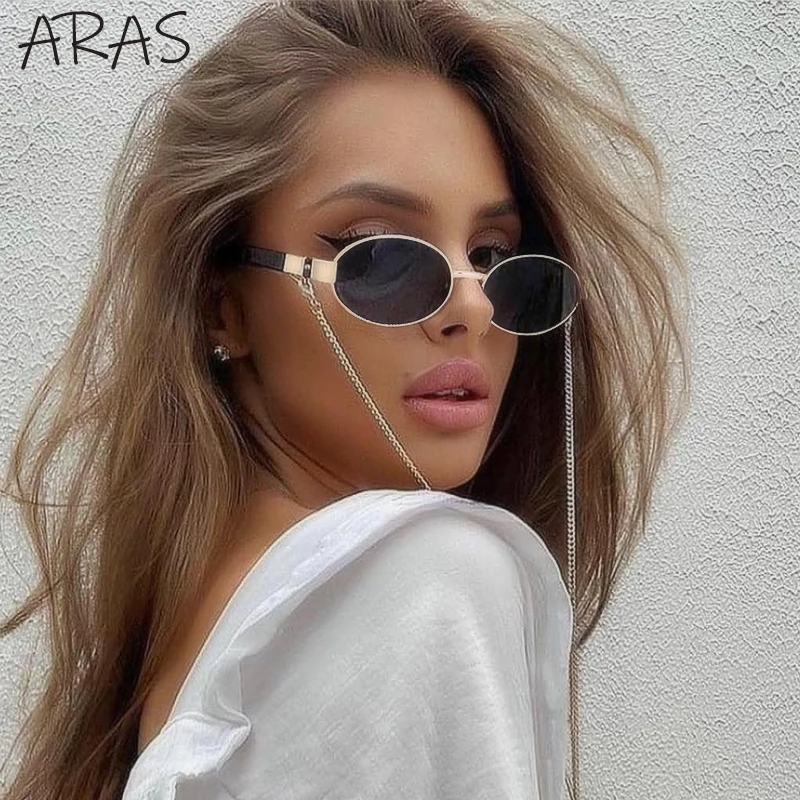 Gafas de sol redondas Retro de moda para mujer con 2023 de cadena, marca de diseñador, gafas de sol ovaladas para mujer, gafas Vintage Punk