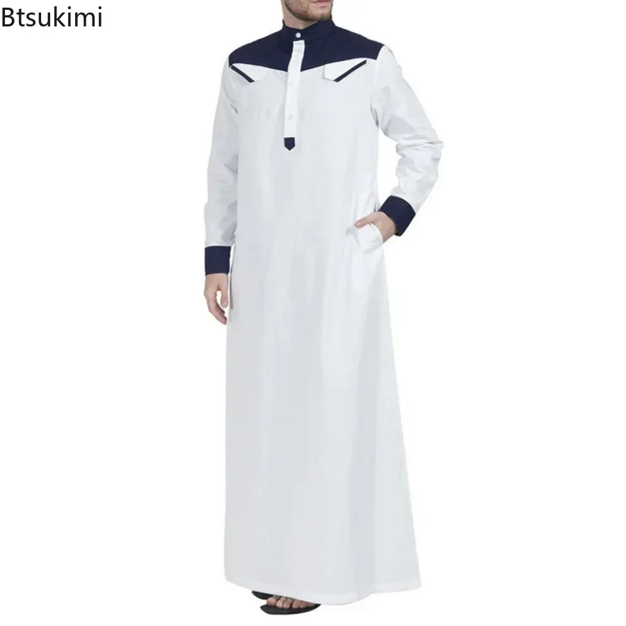 Thobe musulmán con cuello mandarín para hombre, ropa musulmana cómoda de manga larga con contraste de Color, Abaya Herren de Arabia Saudita, 2024