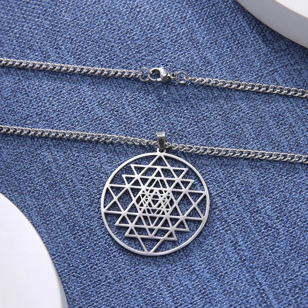 Hindu Sri Yantra Meditation Necklace Men Stainless Steel Gold Color Long Chain Necklaces Amulet Sacred Geometry Jewelry