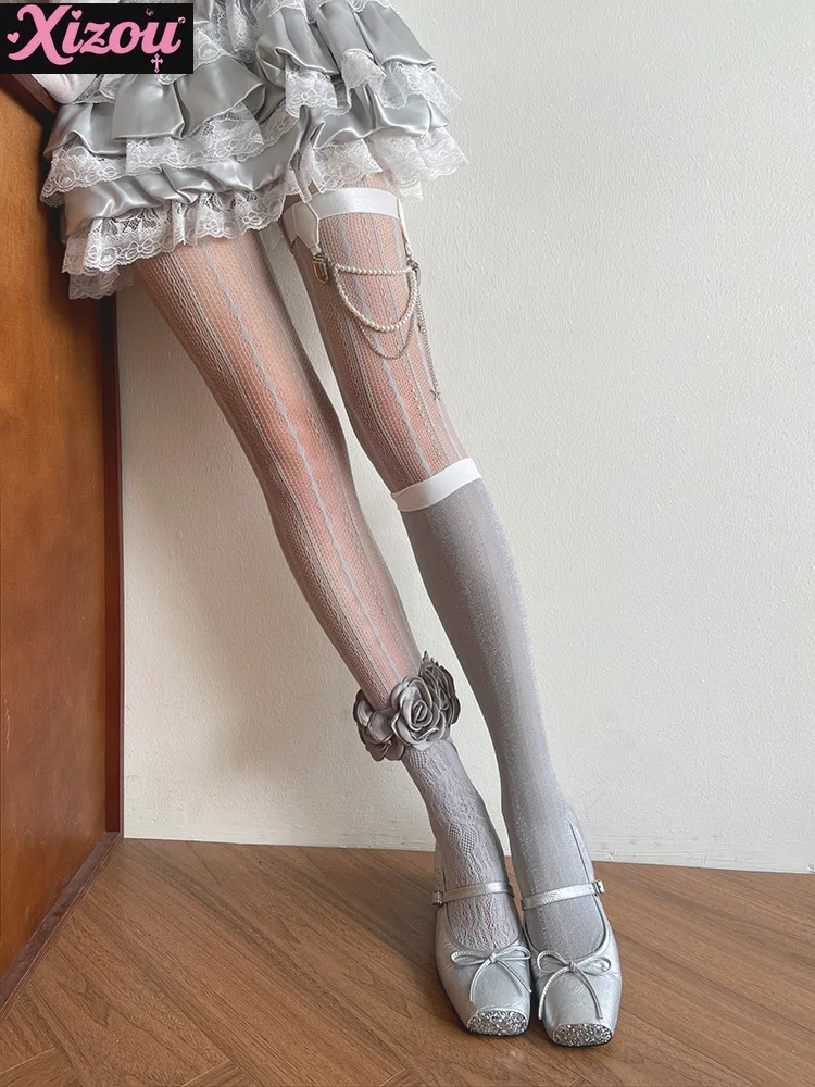 

Japanese Gray Camellia Bright Silk Leg Ring Jk Uniform Bud Dance Girl Medium Tube Pantyhose Stacked Lolita Socks for Woman
