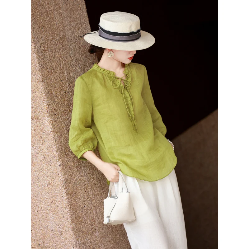 MEXCOCO 2026 Summer New Elegant Casual Old Money Style Ruffle Tie V-Neck Ramie Blouse Top